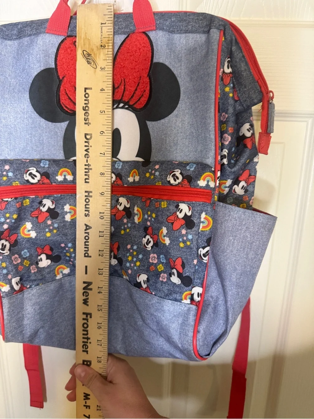 Disney Minnie Mouse Denim Rainbow Floral Pocket Backpack Bookbag Large